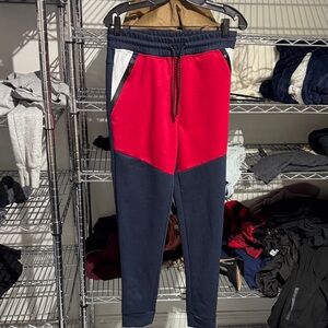 White tag medium red blue joggers